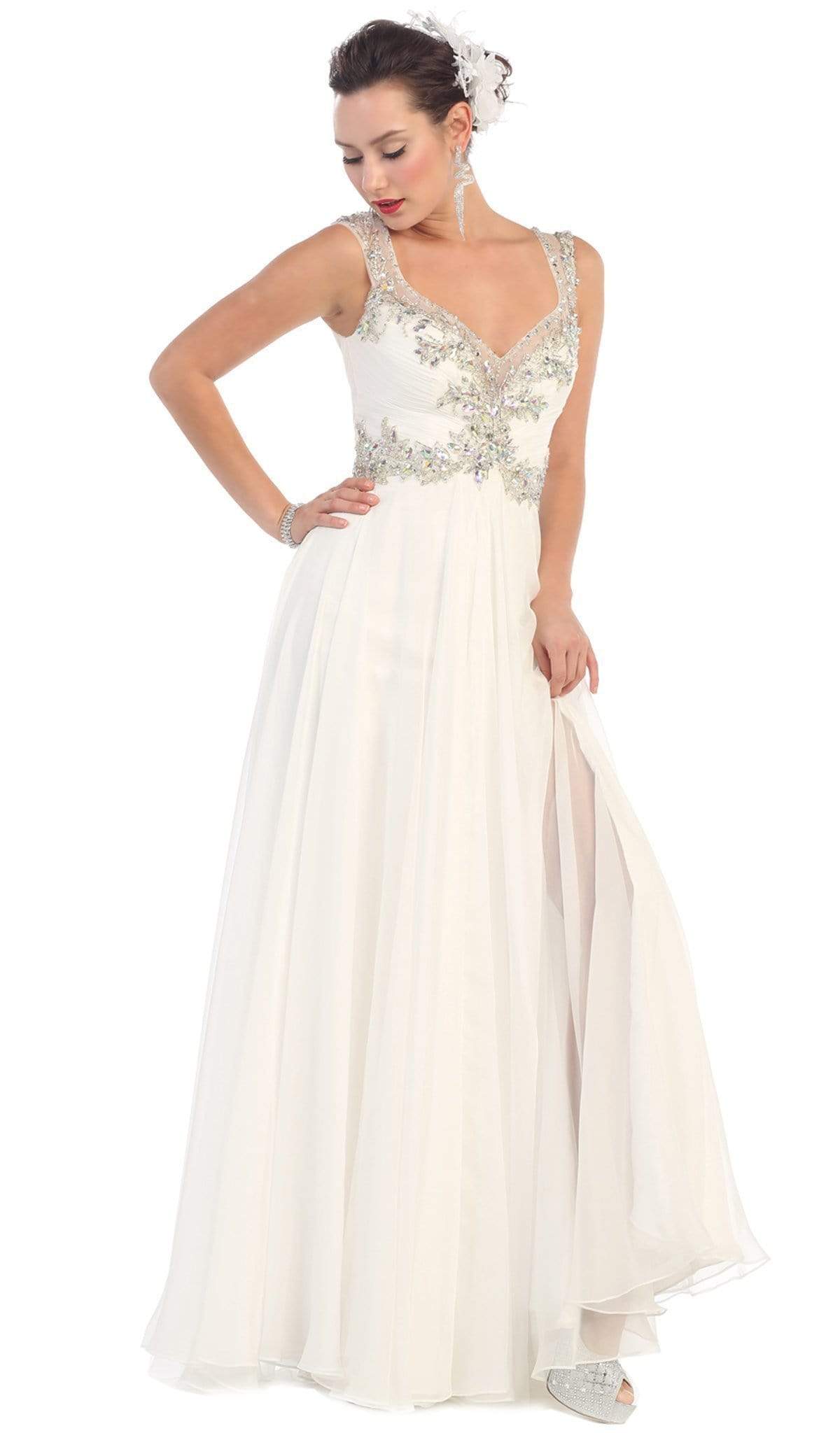May Queen - Embellished V-neck A-line Prom Dress Special Occasion Dress 4 / White
