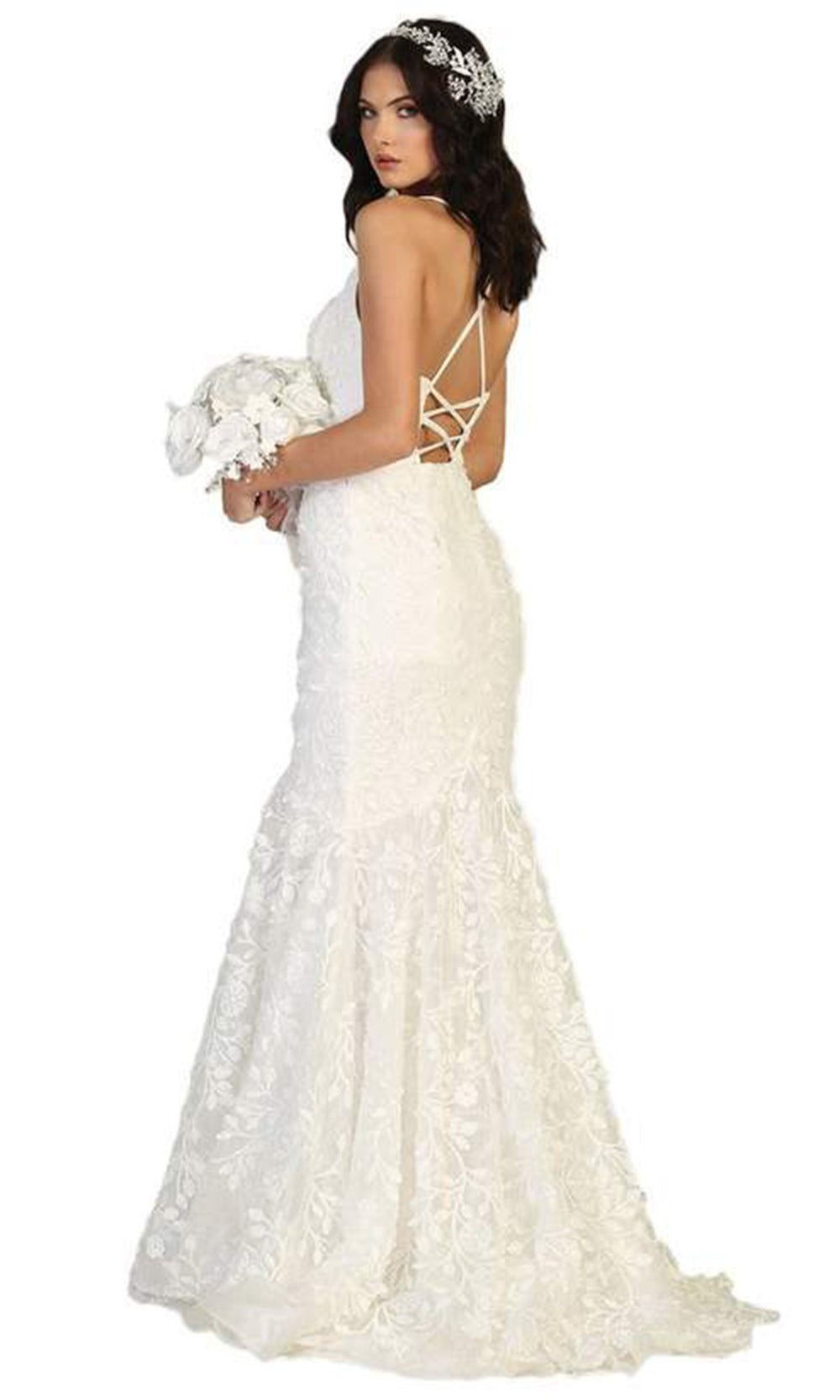 May Queen - Embroidered Applique Trumpet Dress In White