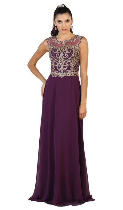 May Queen - Embroidered Illusion Jewel A-line Evening Dress Special Occasion Dress 4 / Eggplant
