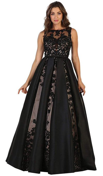 May Queen - Embroidered Sleeveless Mesh Satin Evening Gown Special Occasion Dress 4 / Black