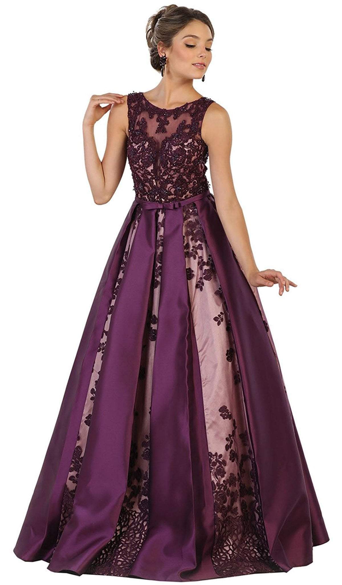 May Queen - Embroidered Sleeveless Mesh Satin Evening Gown Special Occasion Dress 4 / Eggplant