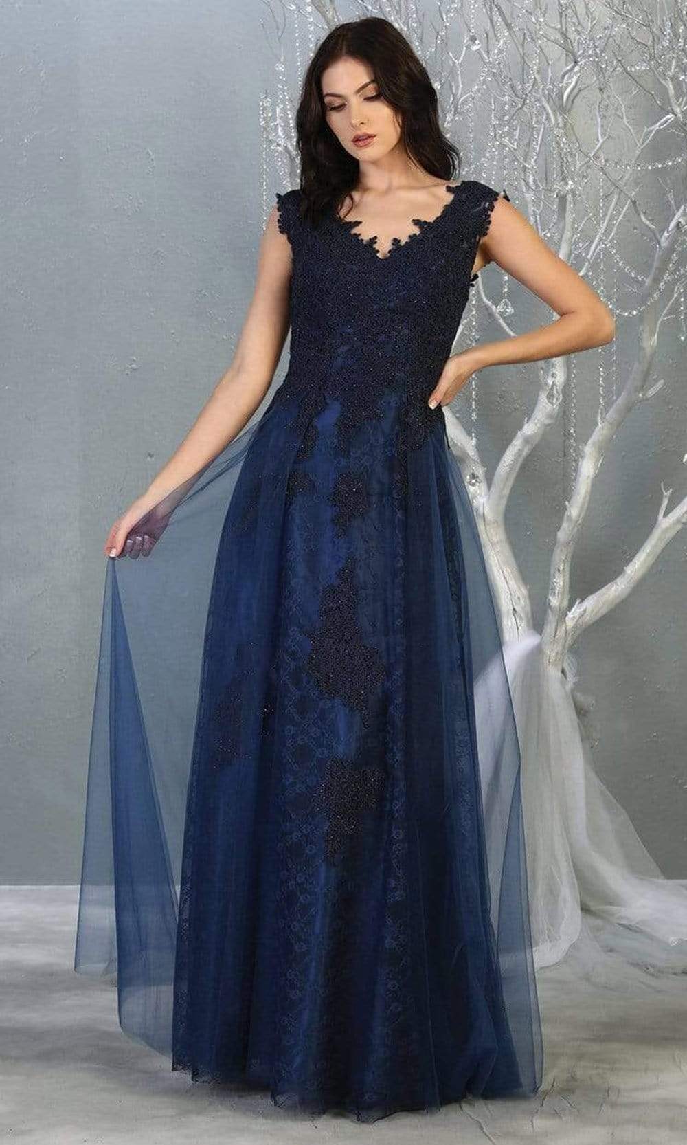 May Queen - MQ1799SC Lace Inset Sleeveless Evening Dress In Blue