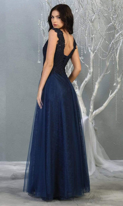 May Queen - MQ1799SC Lace Inset Sleeveless Evening Dress In Blue