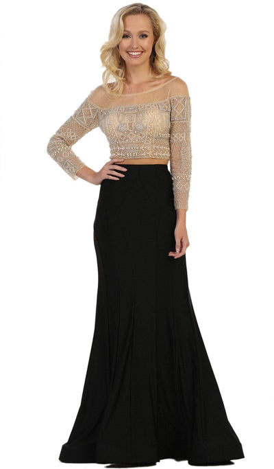 May Queen - Faux Off-Shoulder Neckline Sheath Evening Gown Special Occasion Dress 4 / Black/Nude