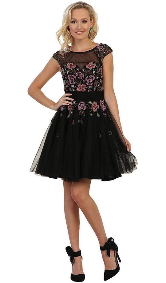 May Queen - RQ7588SC Beaded Floral Design Short A-line Dress In Black and Multi