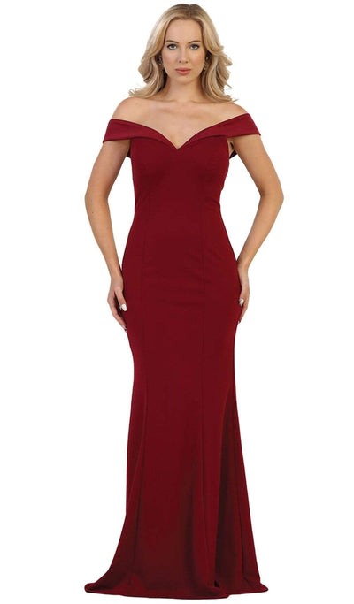 May Queen - Fold over Off-Shoulder Sheath Dress Bridesmaid Dresses 4 / Burgundy