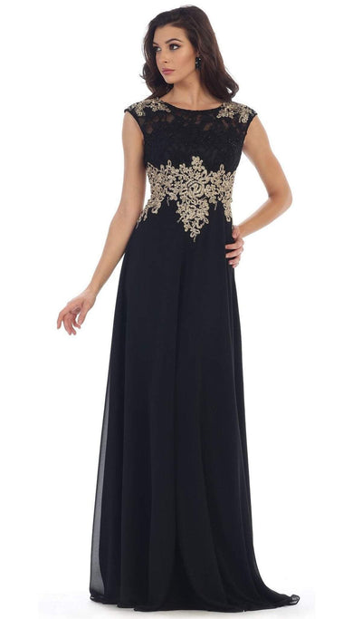 May Queen Gilded Lace Illusion Bateau A-line Evening Dress MQ1460 CCSALE 18 / Black
