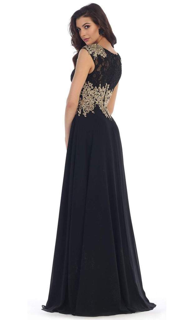 May Queen Gilded Lace Illusion Bateau A-line Evening Dress MQ1460 CCSALE 18 / Black
