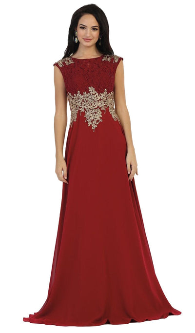 May Queen - Gilded Lace Illusion Bateau A-line Evening Dress Special Occasion Dress 4 / Burgundy