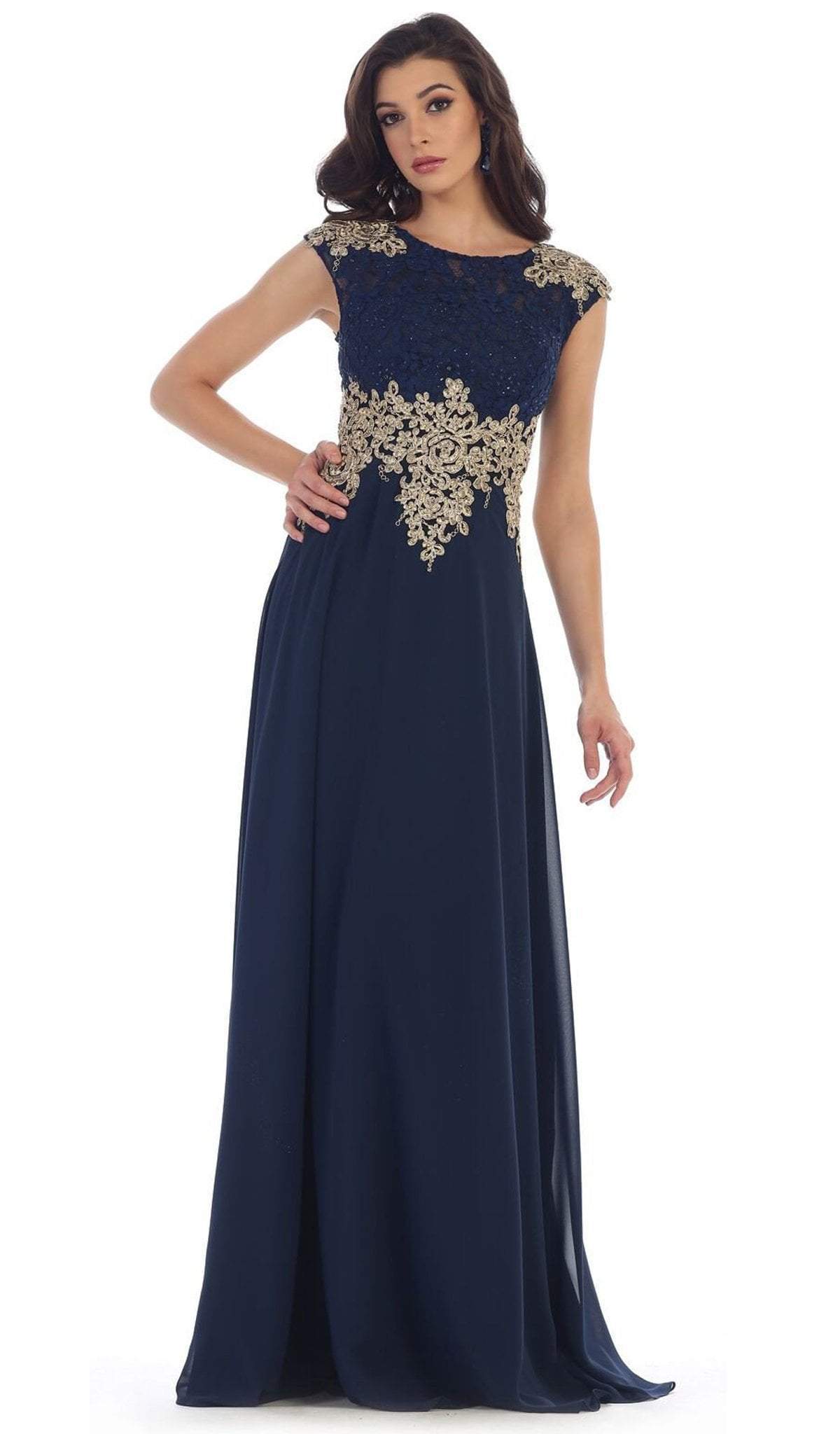 May Queen - Gilded Lace Illusion Bateau A-line Evening Dress Special Occasion Dress 4 / Navy
