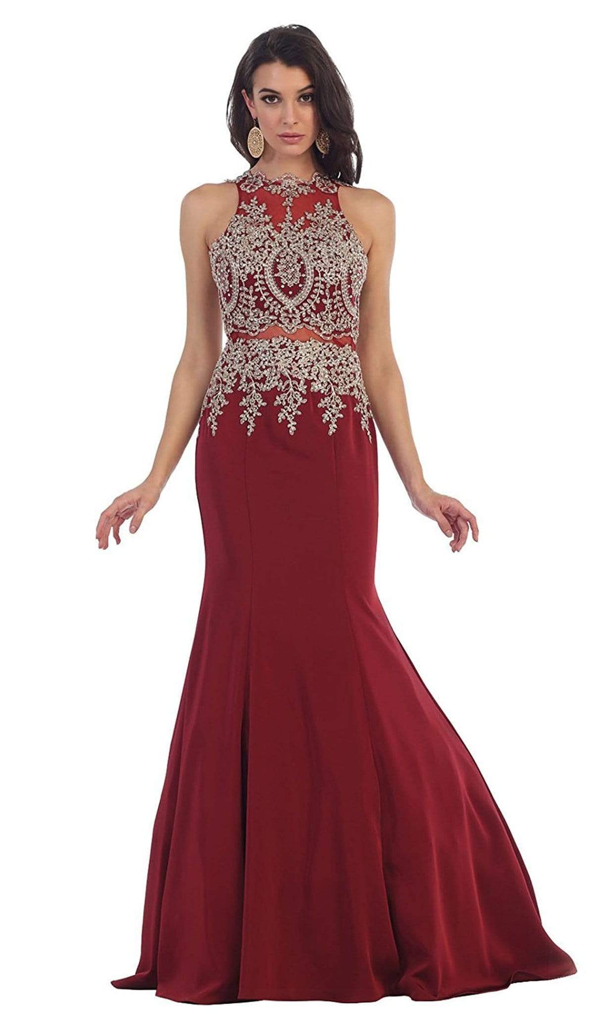 May Queen - Gilt Embroidered Illusion Trumpet Prom Gown Special Occasion Dress 2 / Burgundy