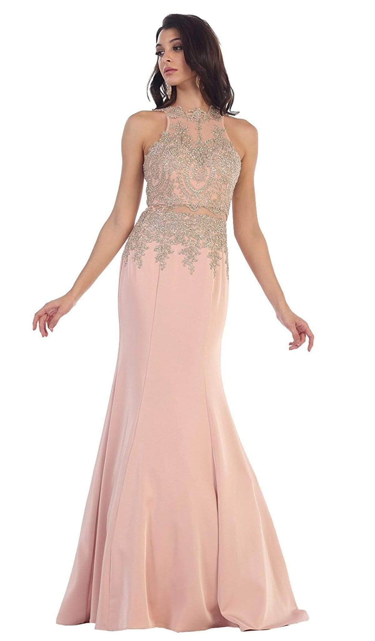 May Queen - Gilt Embroidered Illusion Trumpet Prom Gown Special Occasion Dress 2 / Dusty-Rose