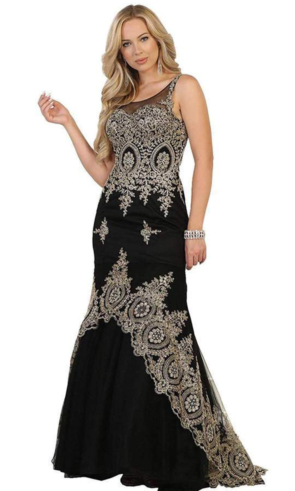 May Queen - Gilt Lace Illusion Scoop Trumpet Dress In Black and Gold