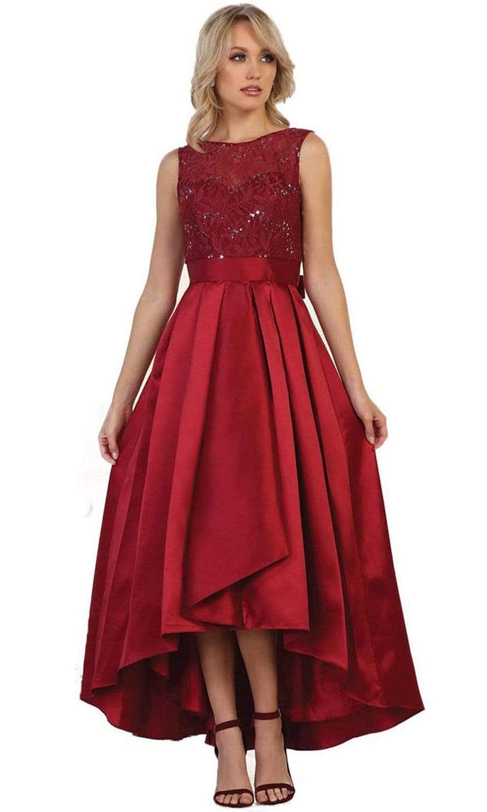 May Queen - High Low Illusion Jewel A-line Evening Dress Special Occasion Dress 4 / Burgundy