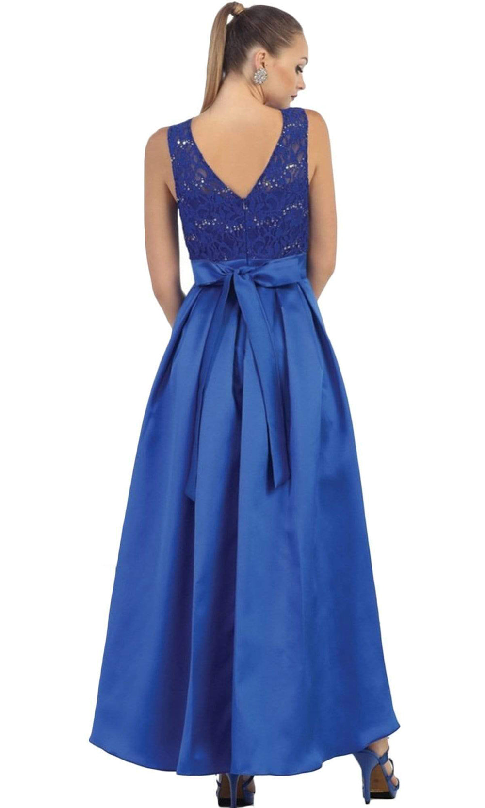 May Queen - MQ1411SC Lace Pleated Long Back Dress In Blue