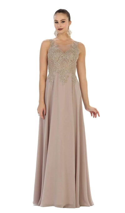 May Queen - Illusion Ornate Lace Prom Gown Special Occasion Dress 4 / Mocha