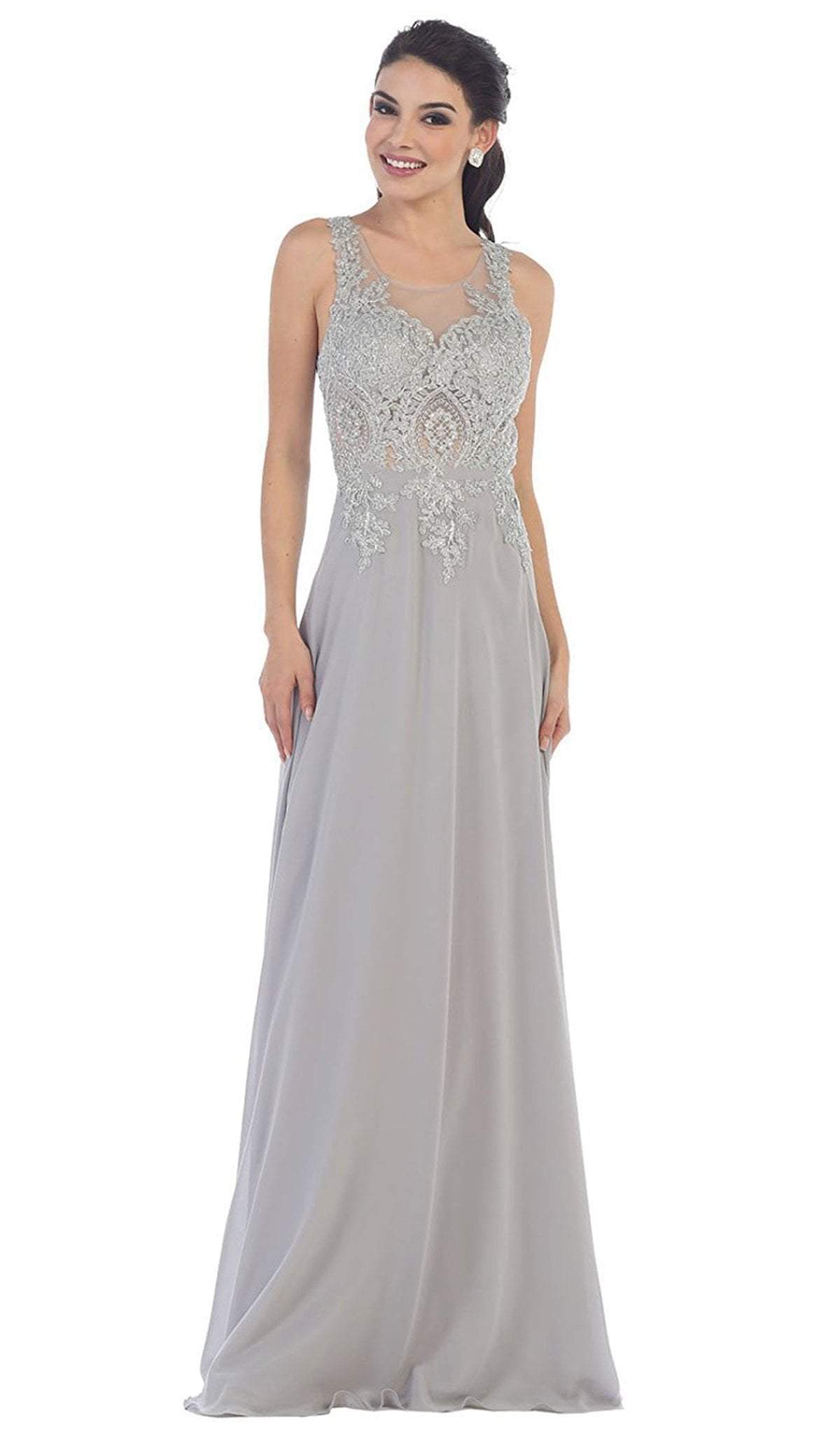 May Queen - Illusion Ornate Lace Prom Gown Special Occasion Dress 4 / Silver
