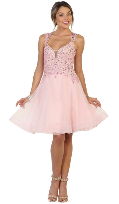 May Queen - Jeweled V-neck A-line Cocktail Dress Special Occasion Dress 4 / Blush