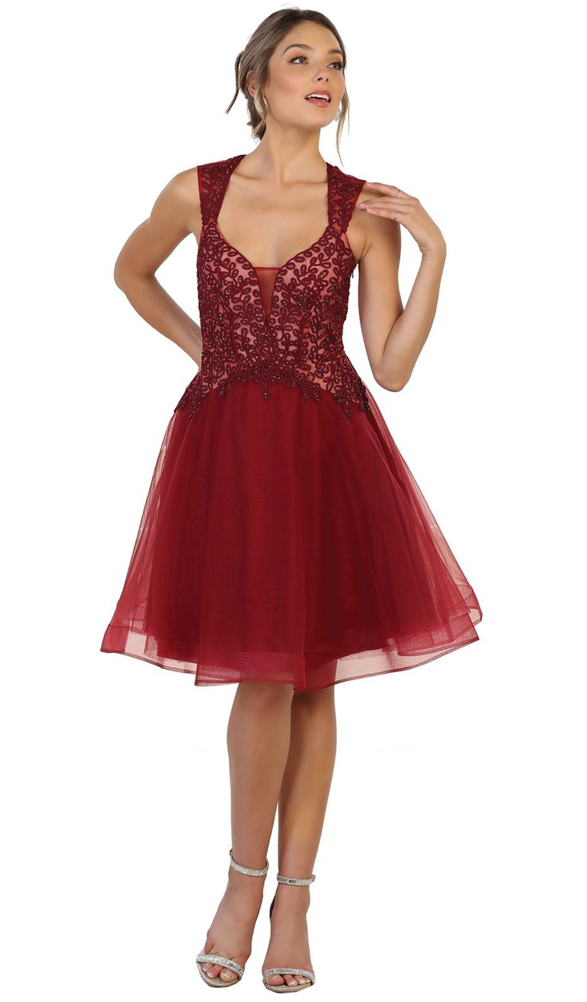 May Queen - Jeweled V-neck A-line Cocktail Dress Special Occasion Dress 4 / Burgundy