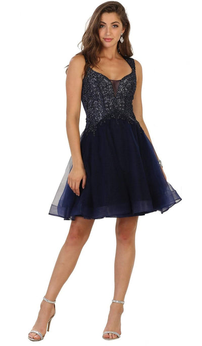 May Queen - Jeweled V-neck A-line Cocktail Dress Special Occasion Dress 4 / Navy