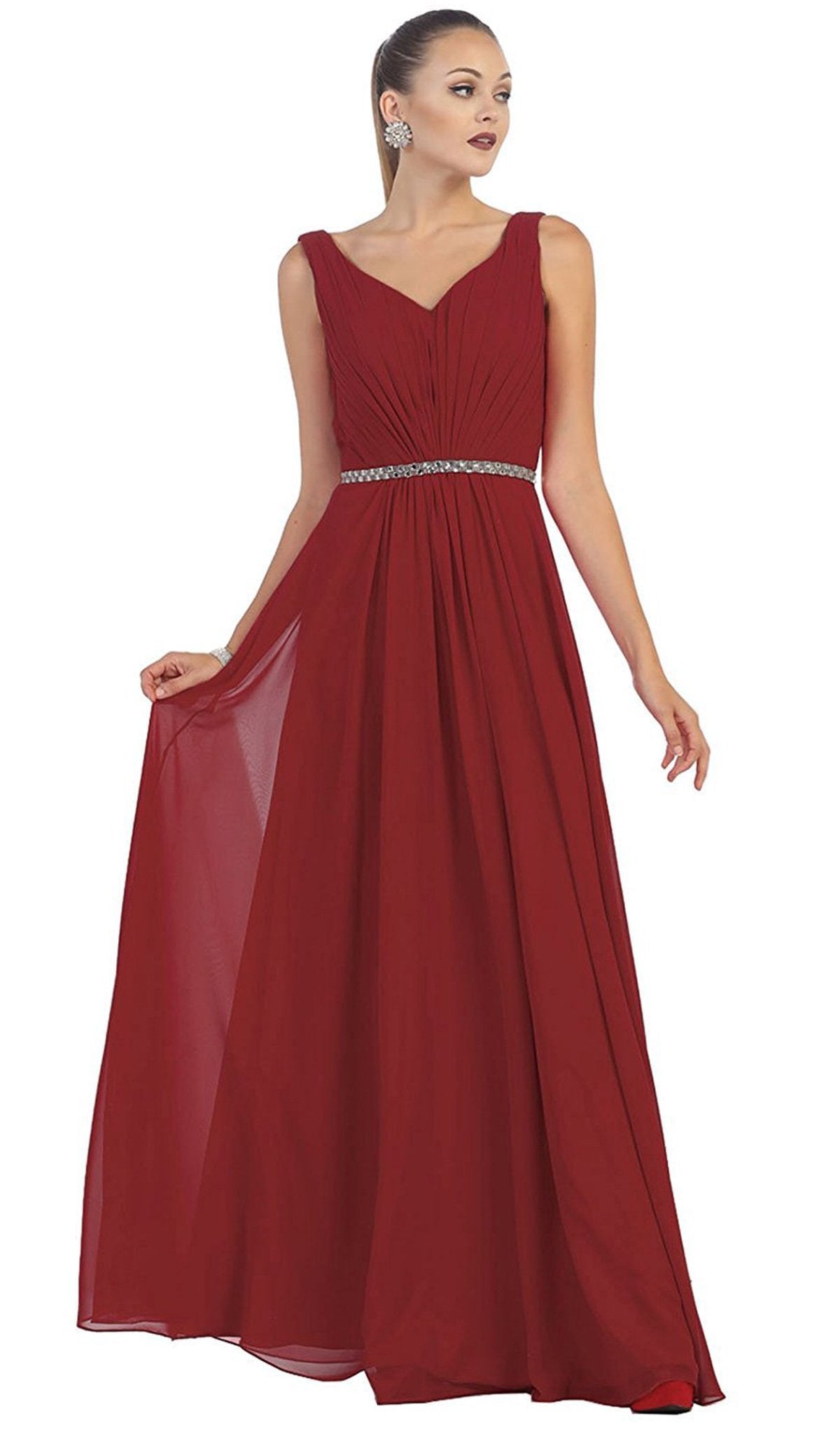 May Queen - Jeweled V-Neck Chiffon A-Line Prom Dress Special Occasion Dress 22 / Burgundy