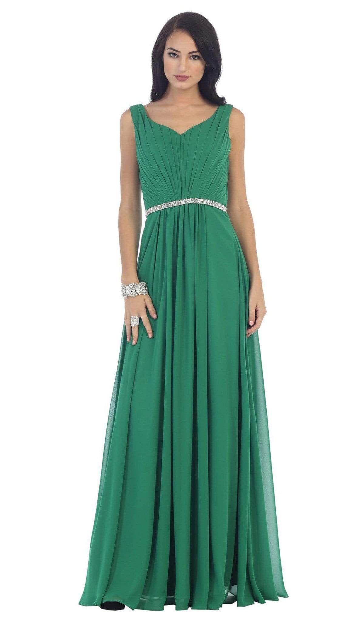 May Queen - Jeweled V-Neck Chiffon A-Line Prom Dress Special Occasion Dress 22 / Emerald Green