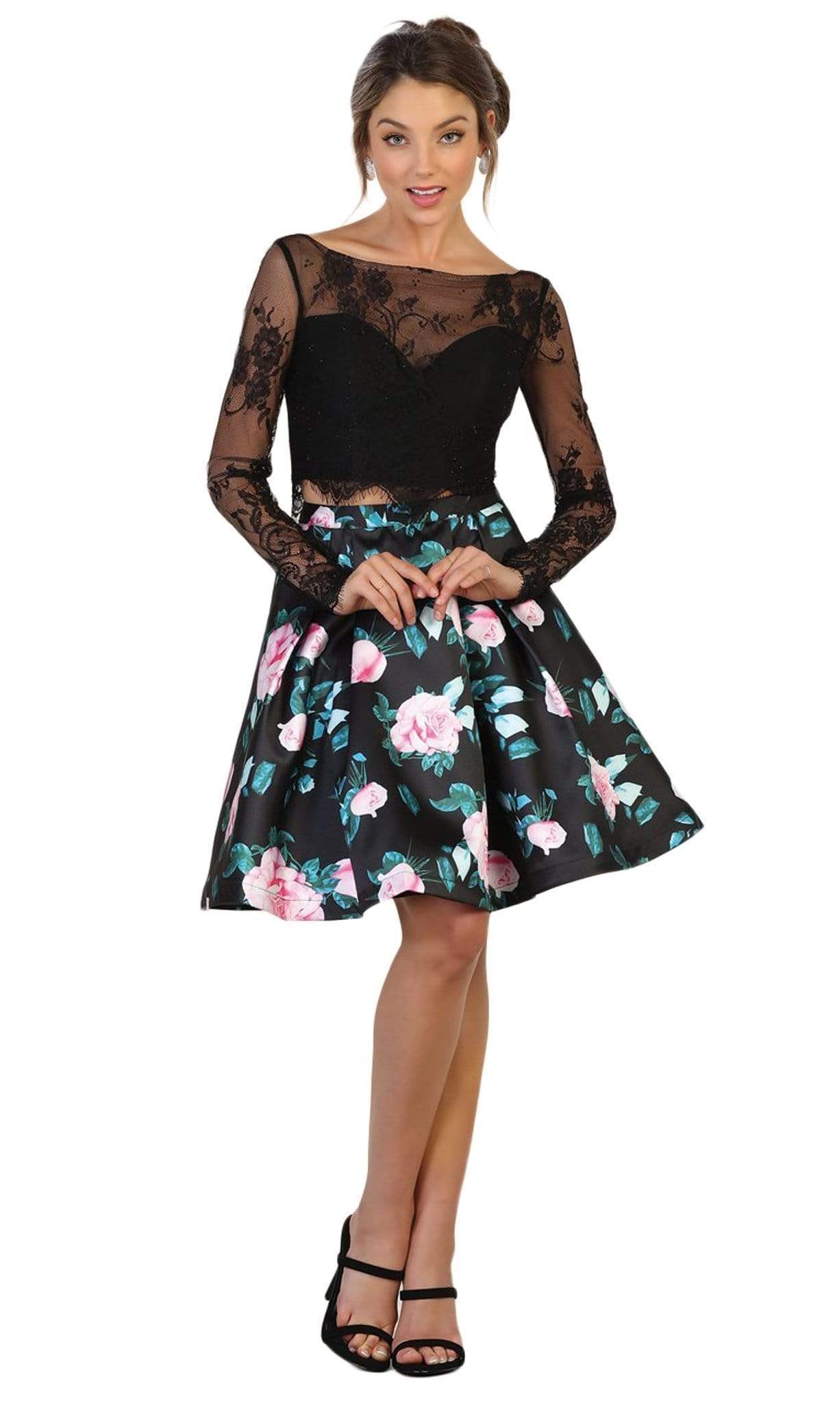 May Queen Lace and Floral Print Two-Piece Cocktail Dress - 1 pc Black In Size 4 Available CCSALE 4 / Black