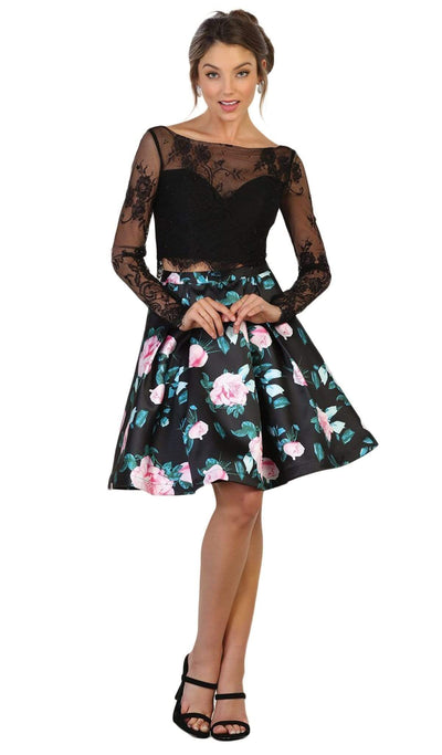 May Queen Lace and Floral Print Two-Piece Cocktail Dress - 1 pc Black In Size 4 Available CCSALE 4 / Black