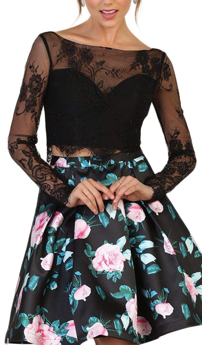May Queen Lace and Floral Print Two-Piece Cocktail Dress - 1 pc Black In Size 4 Available CCSALE 4 / Black