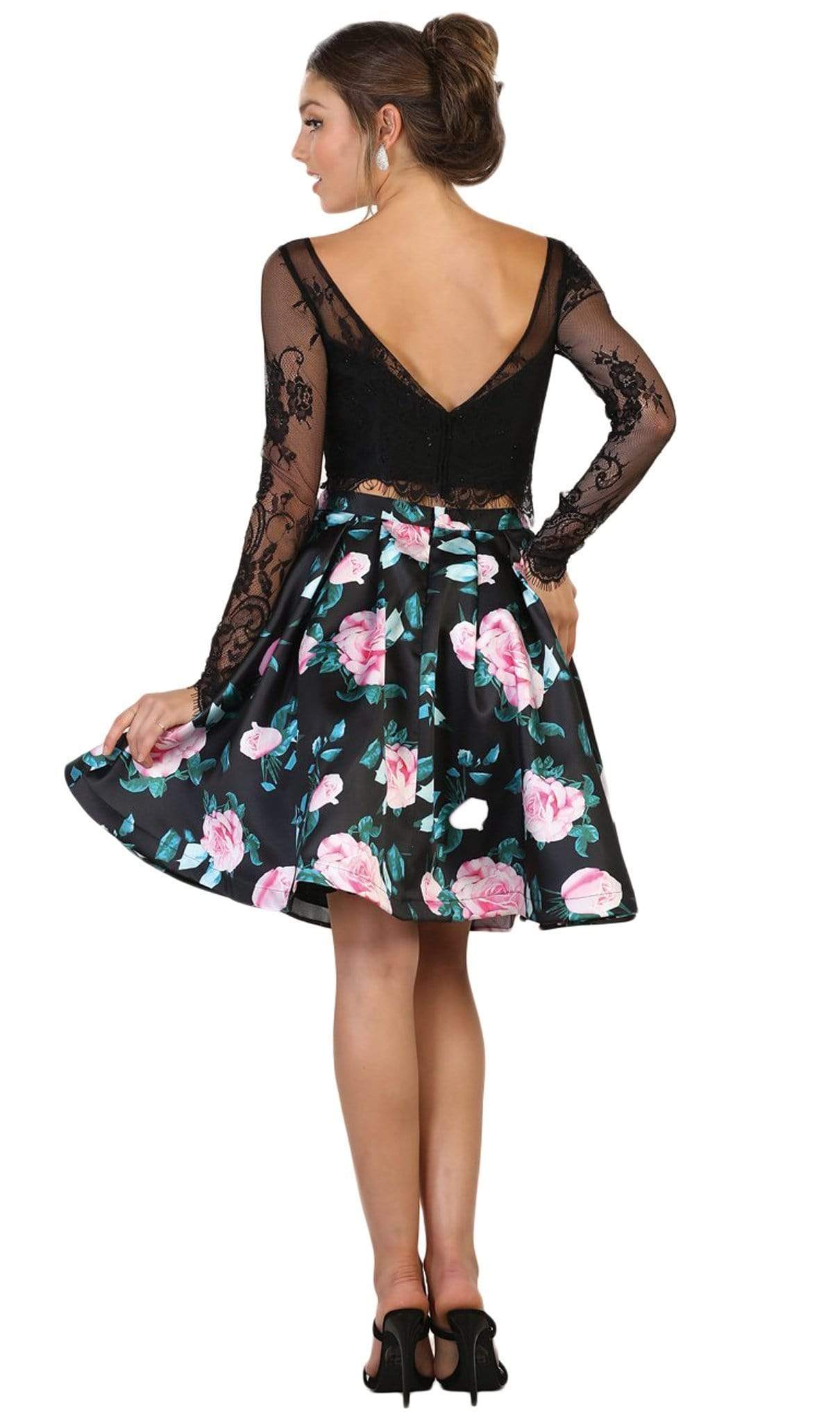 May Queen Lace and Floral Print Two-Piece Cocktail Dress - 1 pc Black In Size 4 Available CCSALE 4 / Black