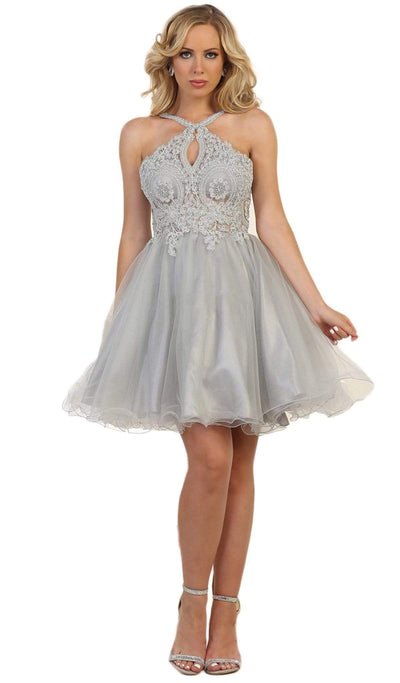 May Queen - Lace Appliqued Fitted Cocktail Dress Special Occasion Dress 2 / Silver