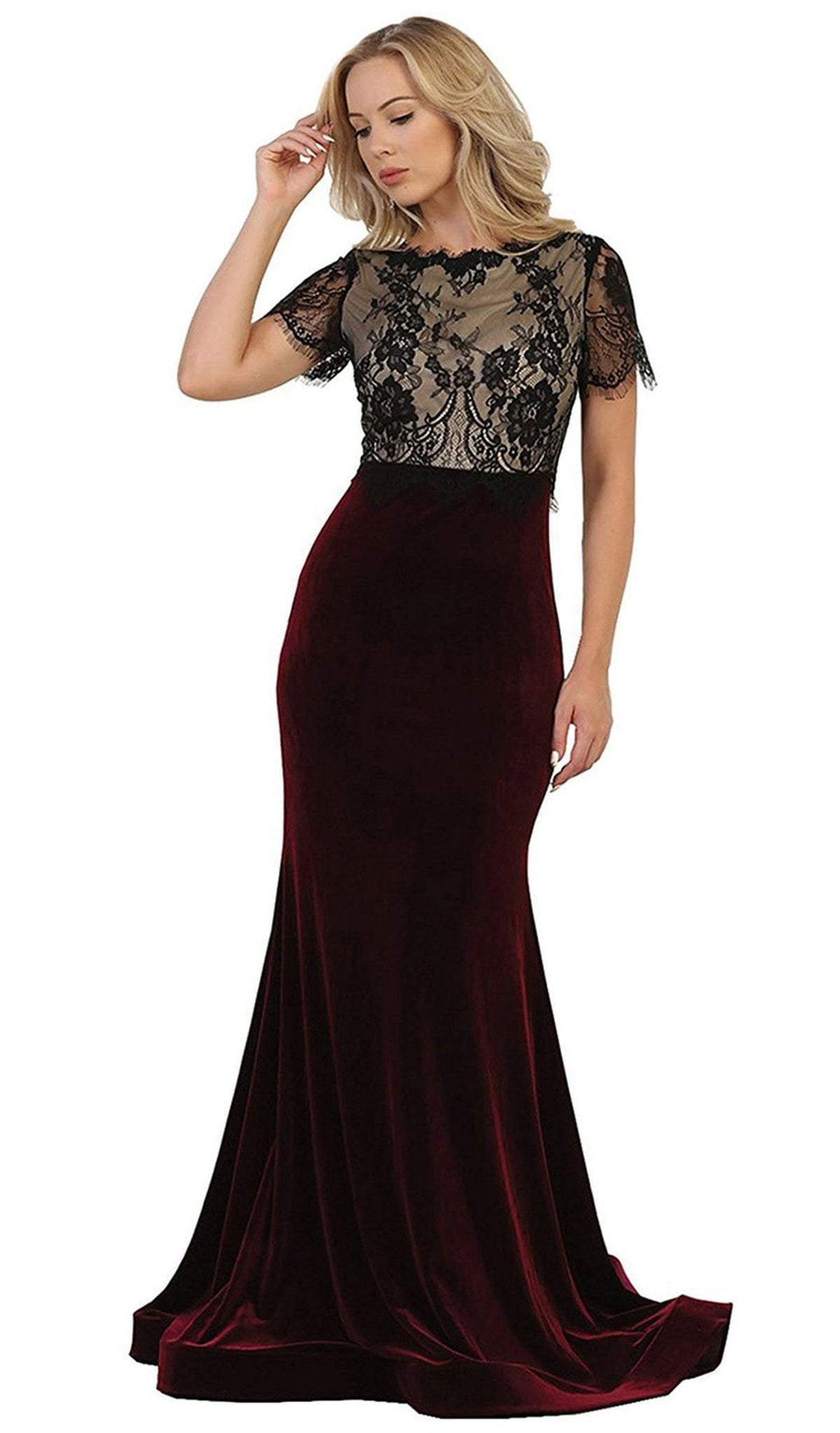 May Queen - Lace Bateau Sheath Evening Dress Special Occasion Dress 4 / Burgundy