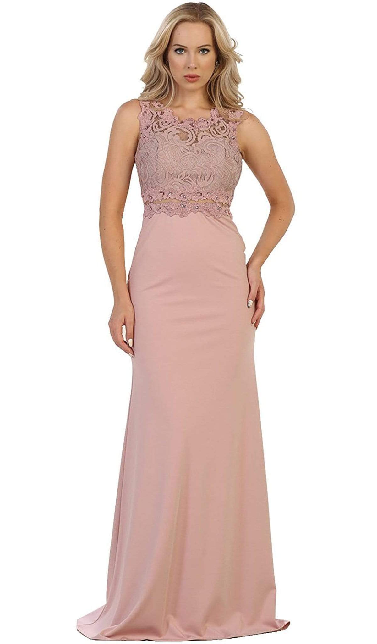 May Queen - Lace Bodice Illusion Paneled Sheath Evening Gown Special Occasion Dress 4 / Dusty-Rose