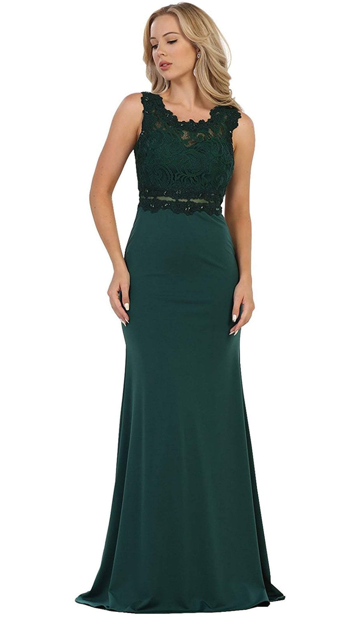 May Queen - Lace Bodice Illusion Paneled Sheath Evening Gown Special Occasion Dress 4 / Hunter-Green