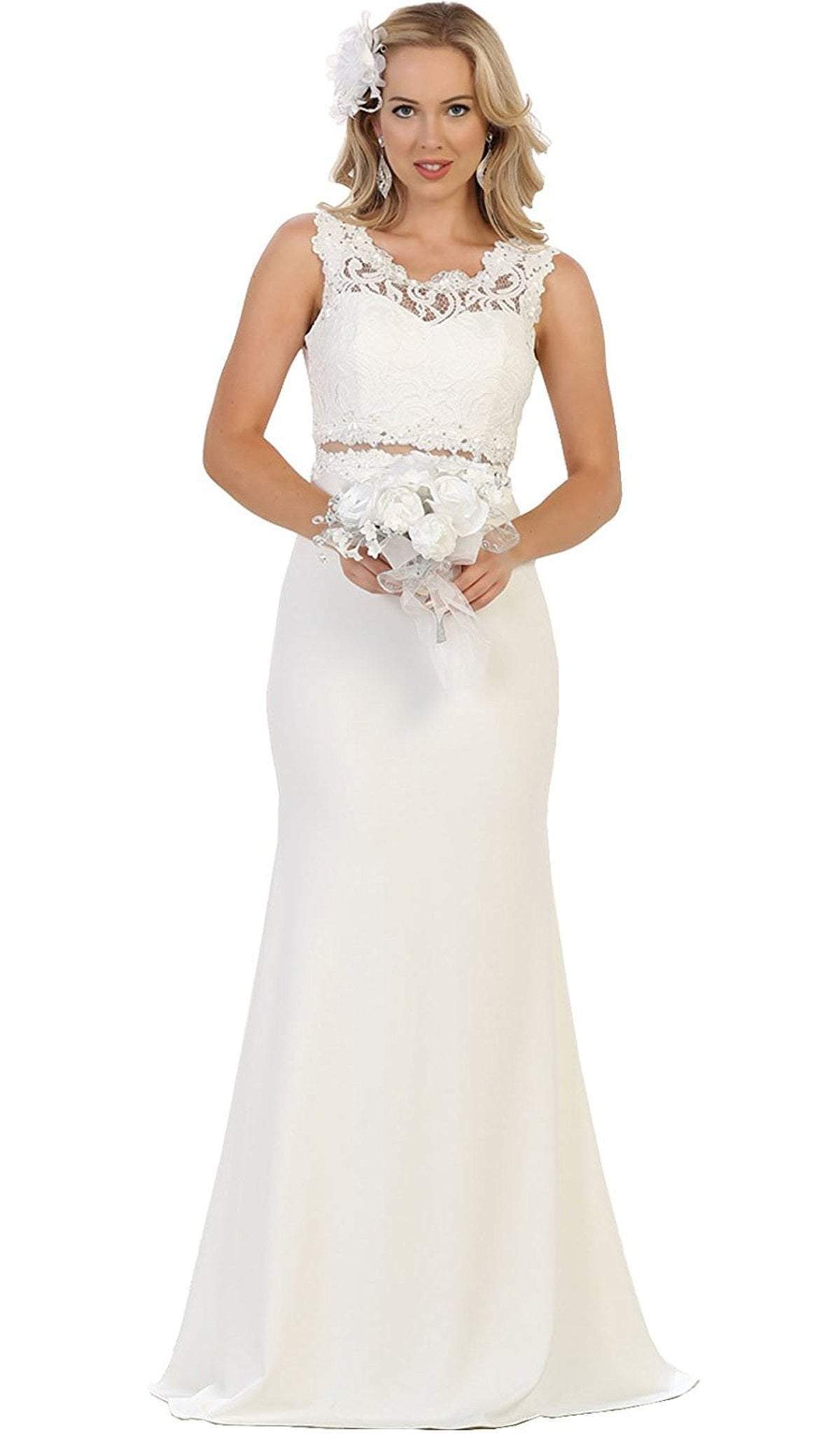 May Queen - Lace Bodice Illusion Paneled Sheath Evening Gown Special Occasion Dress 4 / Ivory