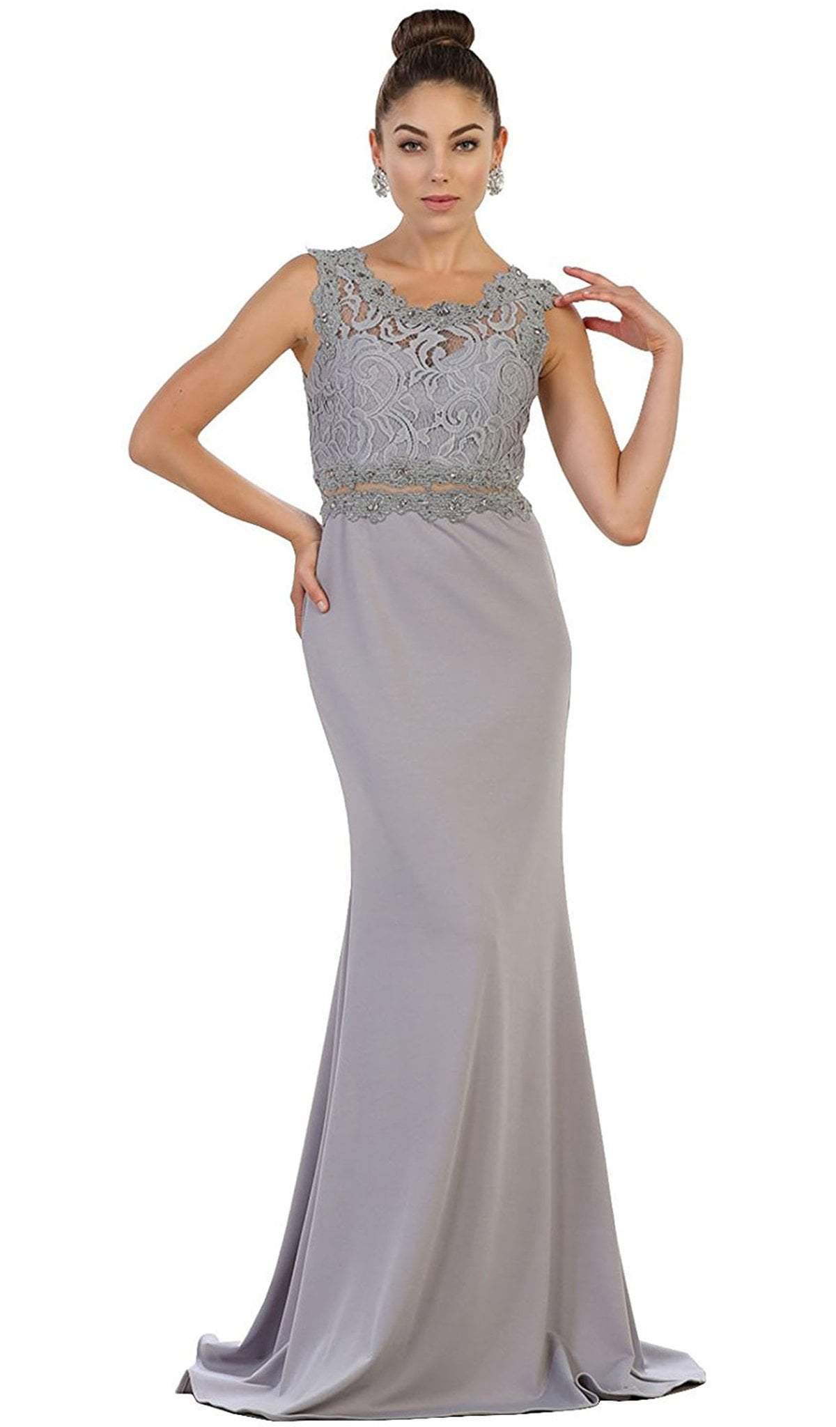 May Queen - Lace Bodice Illusion Paneled Sheath Evening Gown Special Occasion Dress 4 / Silver