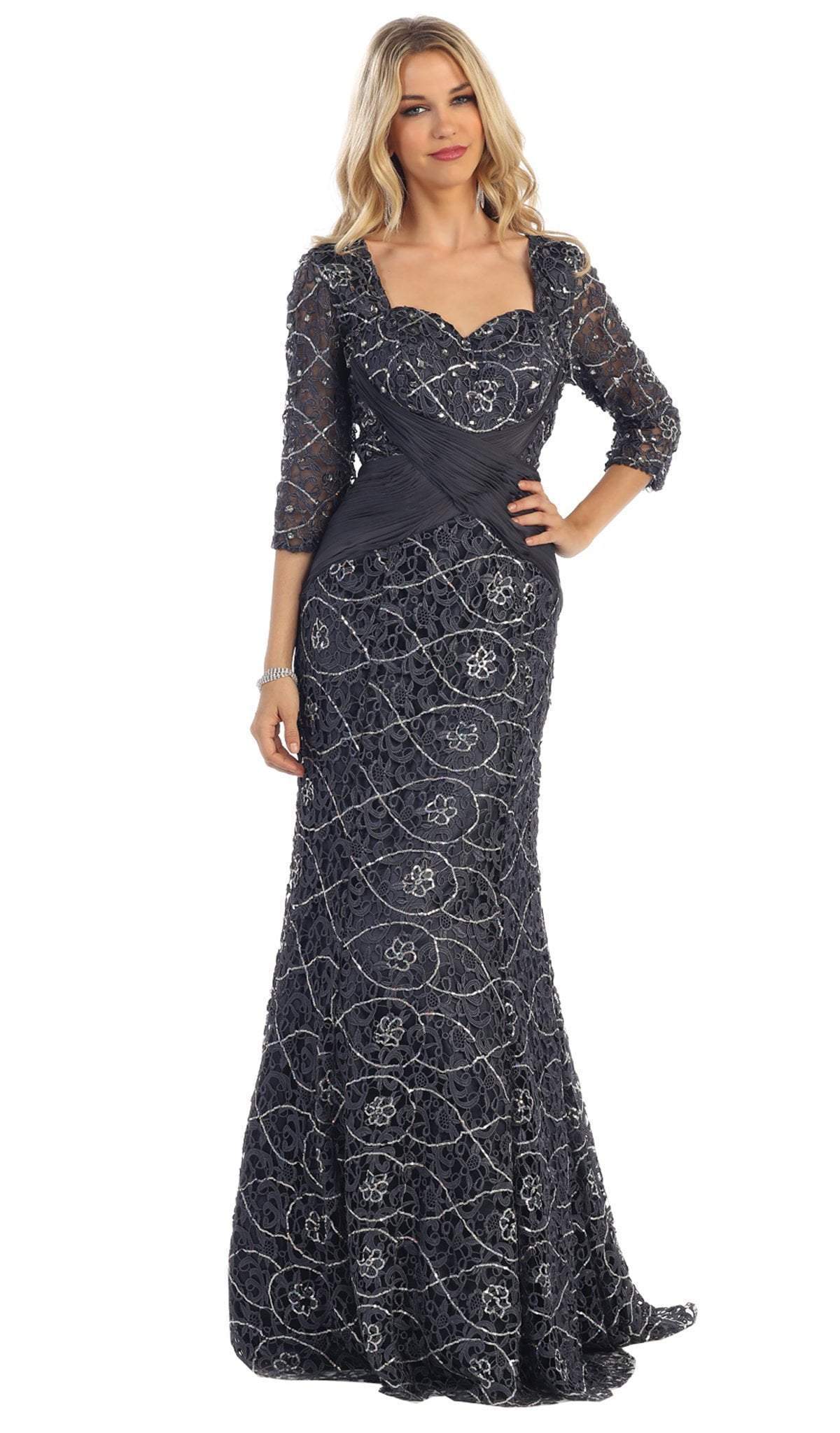 May Queen - Lace Crisscrossed Shirring Mermaid Evening Gown Evening Dresses M / Charcoal Gray