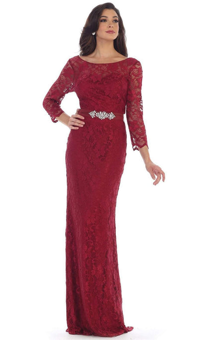 May Queen - Lace Illusion Bateau Sheath Mother of the Bride Dress Special Occasion Dress S / Burgundy