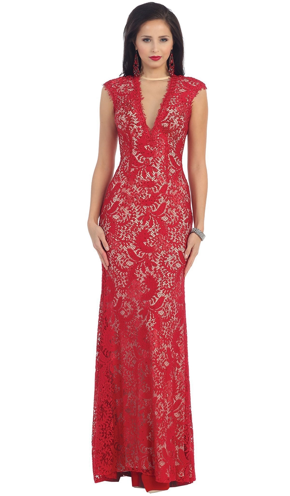 May Queen - Lace Illusion Sheath Evening Dress Special Occasion Dress 4 / Red