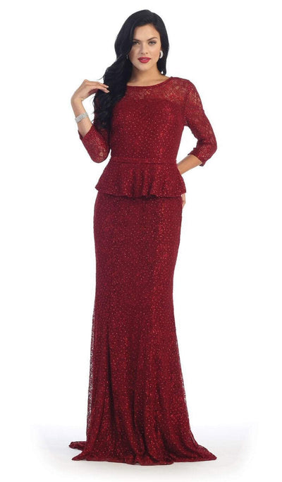May Queen - Laced Illusion Bateau Peplum Evening Dress Special Occasion Dress M / Burgundy