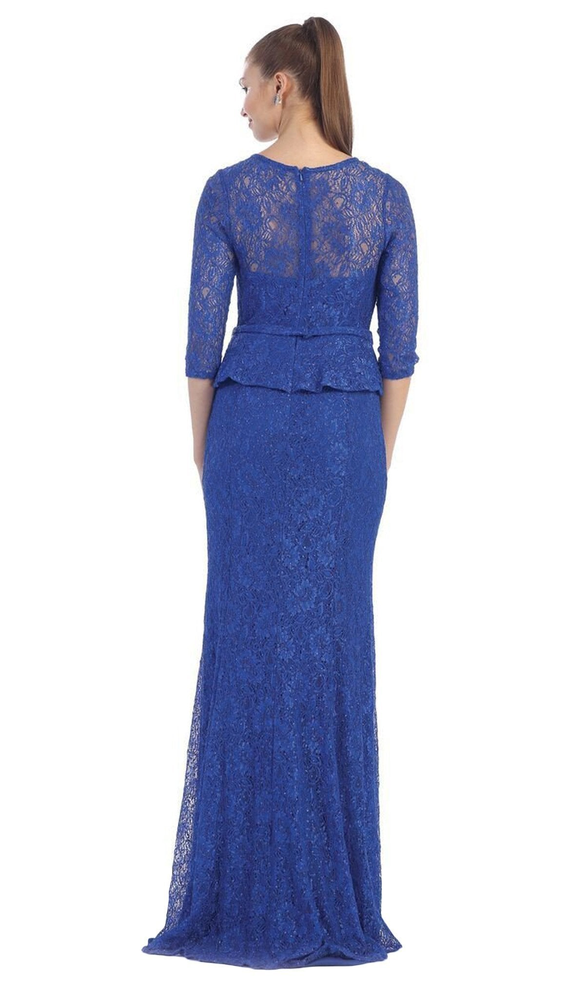 May Queen - Laced Illusion Bateau Peplum Evening Dress Special Occasion Dress M / Royal-Blue