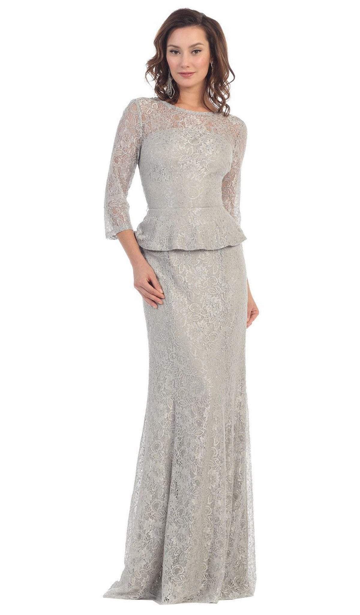 May Queen - Laced Illusion Bateau Peplum Evening Dress Special Occasion Dress M / Silver