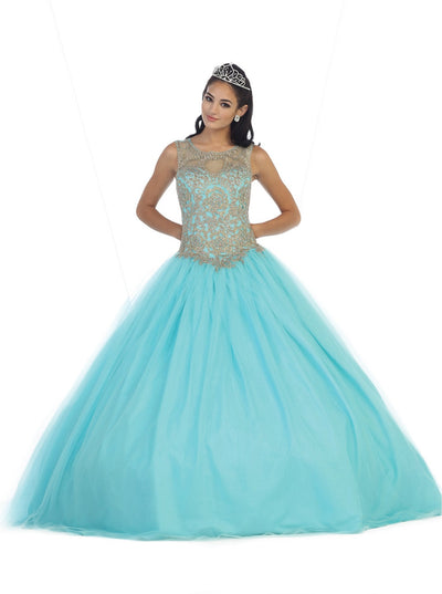 May Queen - LK-72 Lace Illusion Jewel Evening Gown Quinceanera Dresses 4 / Aqua