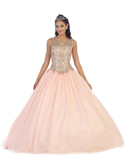 May Queen - LK-72 Lace Illusion Jewel Evening Gown Quinceanera Dresses 4 / Blush