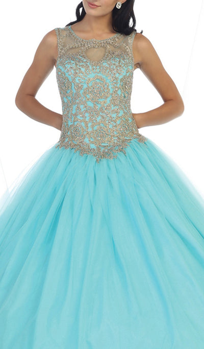 May Queen - LK-72 Lace Illusion Jewel Evening Gown Quinceanera Dresses
