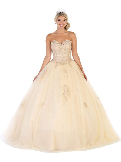 May Queen - LK107 Strapless Scalloped Corset Appliqued Ballgown Special Occasion Dress 2 / Champagne