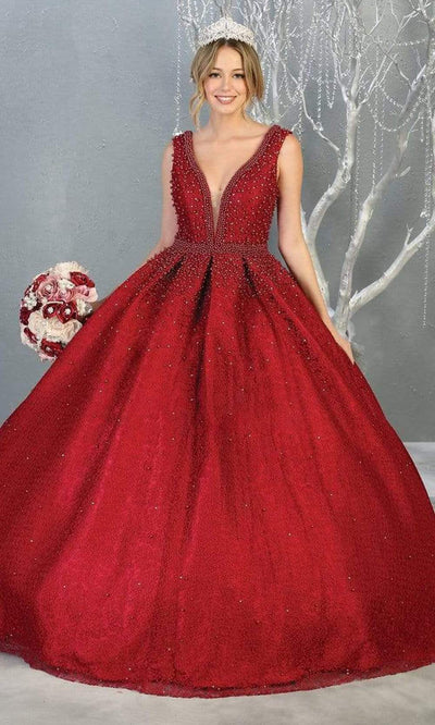 May Queen - LK112 Pearl-Beaded Plunging Bodice Ballgown Quinceanera Dresses 4 / Burgundy