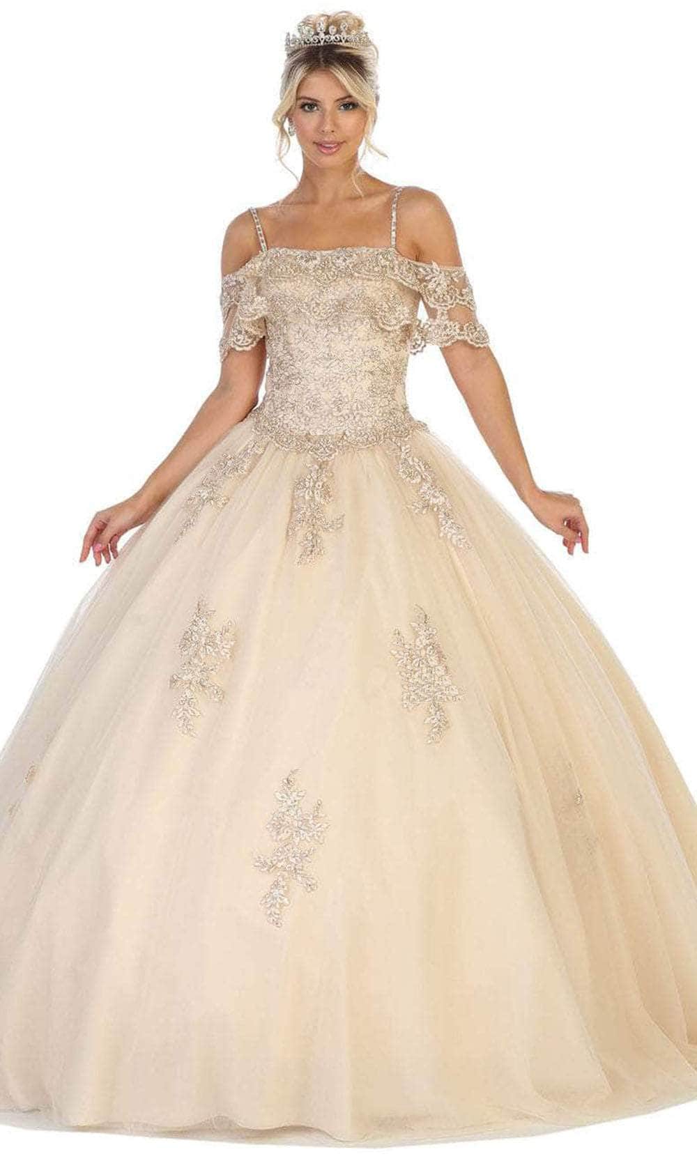 May Queen LK113 - Off Shoulder Floral Applique Ballgown Ball Gowns 4 / Champagne