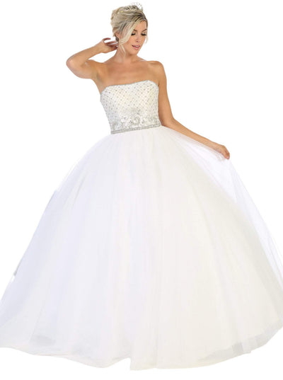 May Queen - LK114 Strapless Embellished Ballgown Special Occasion Dress 4 / White