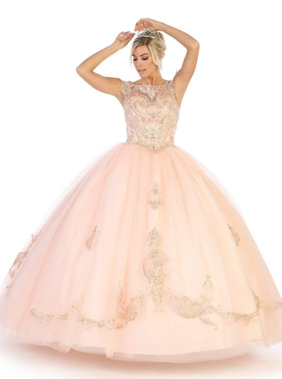 May Queen - LK115 Cap Sleeve Beaded Lace Corset Ballgown Quinceanera Dresses 2 / Blush